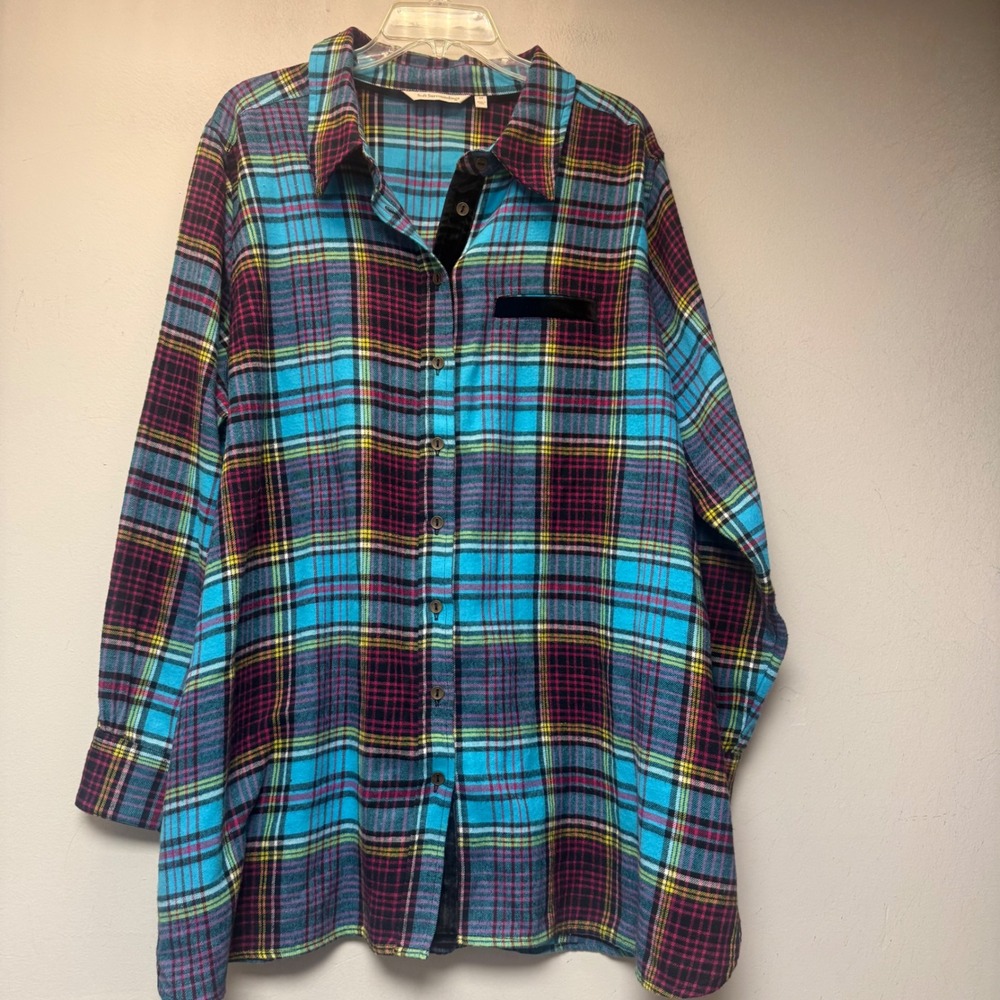 Soft Surroundings Plaid Tunic Womens 2X Turquoise Cotton Flannel Excellent 58774
